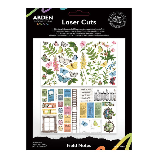Packaging of Arden Creative Studio laser cut stickers with nature-themed designs.