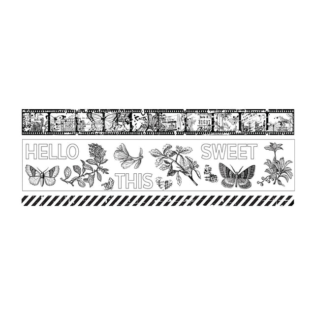 Decorative border with floral and butterfly designs on a white background