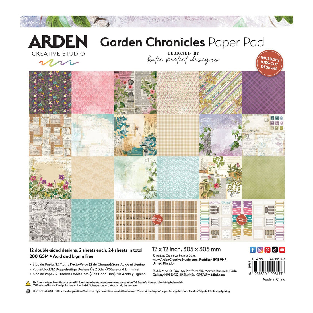 Arden Creative Studio Garden Chronicles Paper Pad with various patterned papers on a white background