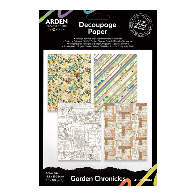 Decoupage paper set with various designs on a white background