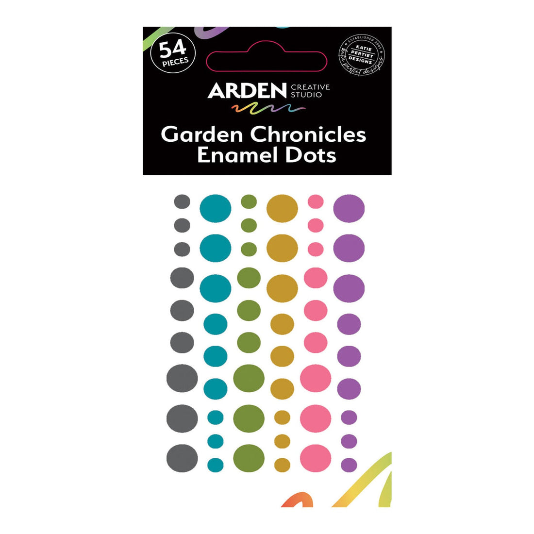 Pack of Arden Creative Studio Garden Chronicles Enamel Dots with colorful dots on a white background