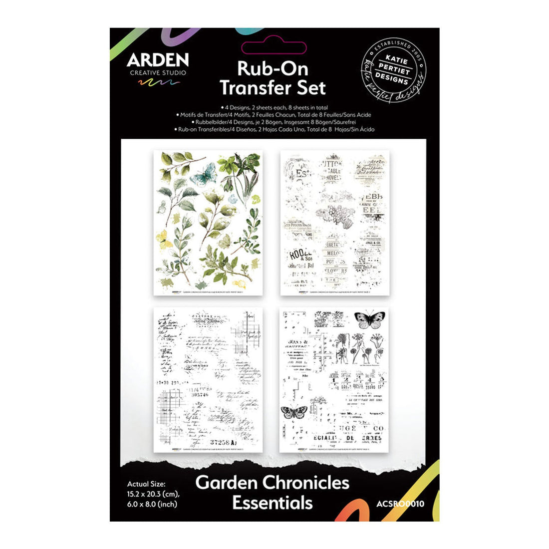 Rub-On Transfer Set packaging with garden-themed designs on a white background