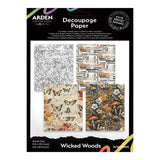 Arden Creative Studio Wicked Woods Decoupage Paper pack, featuring three distinct patterned sheets: a black and white sketchbook paper, a vintage newspaper collage sheet, and two woodland-themed sheets with butterflies and mushrooms. The packaging is black with white and yellow text.