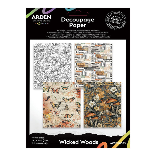 Arden Creative Studio Wicked Woods Decoupage Paper pack, featuring three distinct patterned sheets: a black and white sketchbook paper, a vintage newspaper collage sheet, and two woodland-themed sheets with butterflies and mushrooms. The packaging is black with white and yellow text.