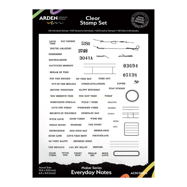Clear stamp set with various phrases and numbers on a white background