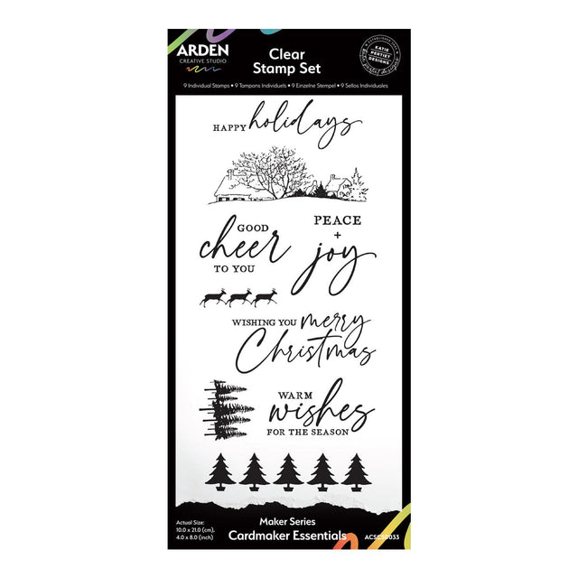 Clear stamp set with Christmas-themed text and graphics on a white background