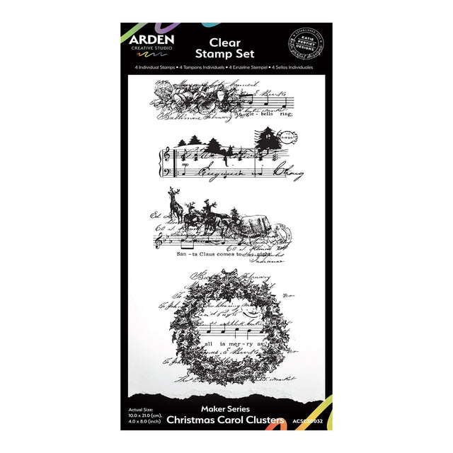 Clear stamp set packaging with Christmas-themed designs on a white background
