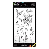 Clear stamp set with botanical designs and text on a white background
