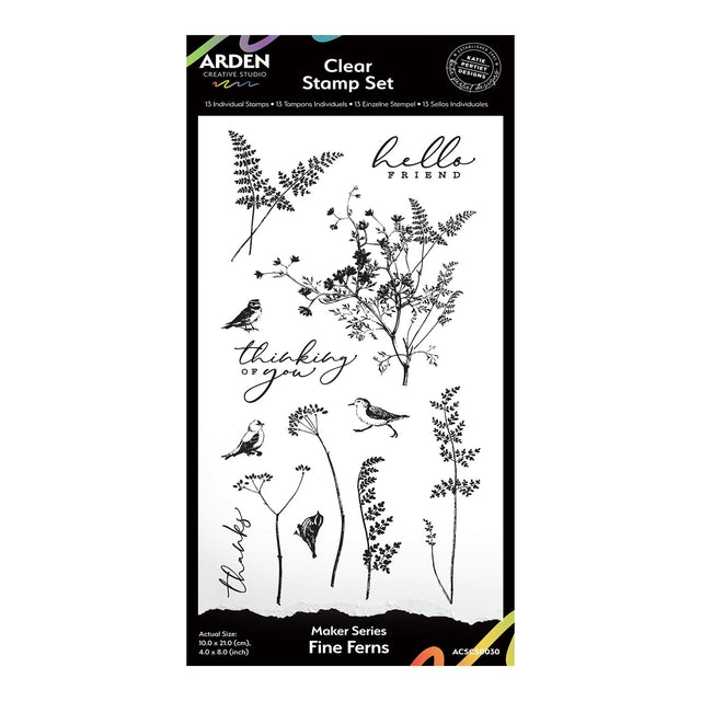 Clear stamp set with botanical designs and text on a white background