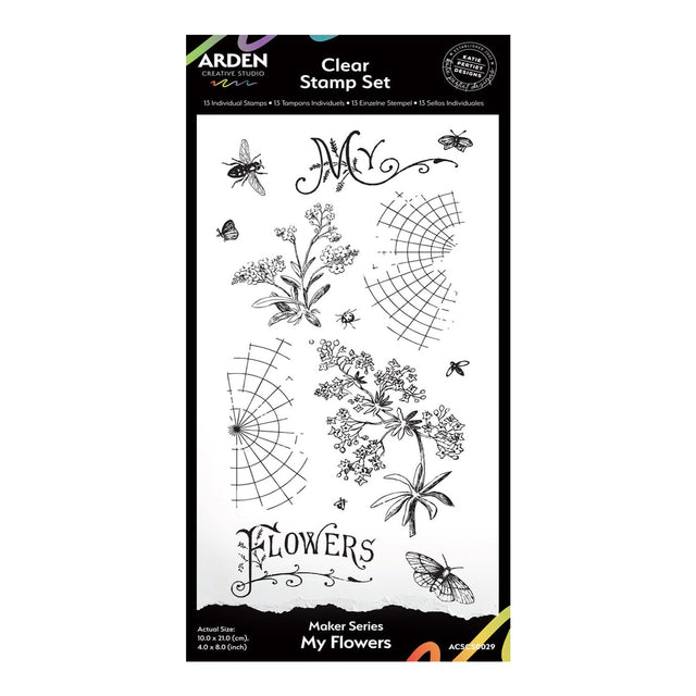 Clear stamp set packaging with floral and spider web designs on a white background