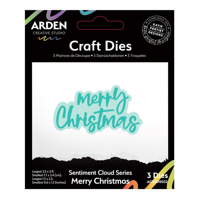 Packaging of Arden Creative Studio craft dies with 'Merry Christmas' design.
