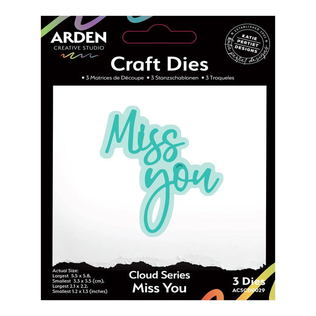 Packaging of Arden Craft Dies with 'Miss You' text on a white background