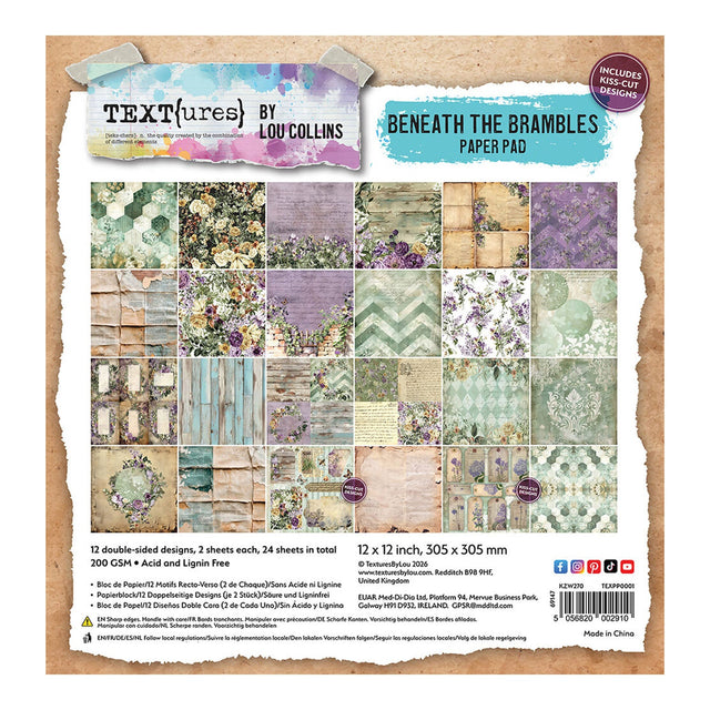 Packaging of 'Text{ures} by Lou Collins Beneath the Brambles' paper pad with various design patterns.