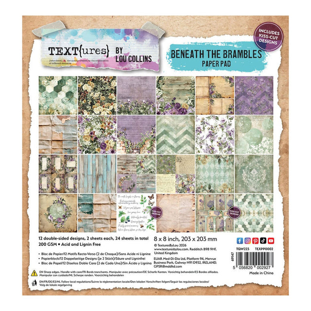 Packaging of 'Text{tures} by Lou Collins Beneath the Brambles' paper pad with various patterned papers.