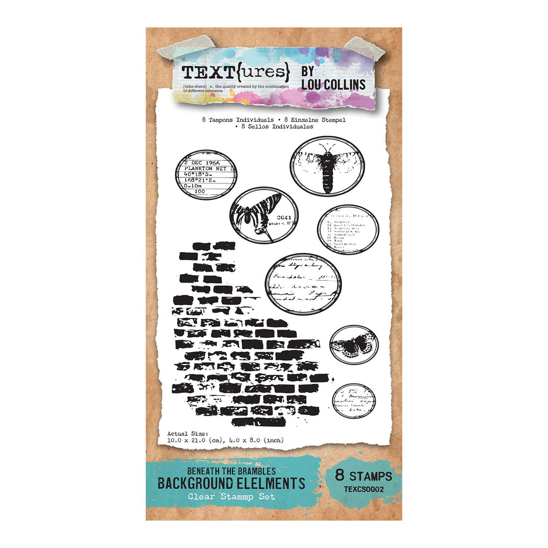Packaging of 'Textures' by Lou Collins clear stamps with various designs on a white background.