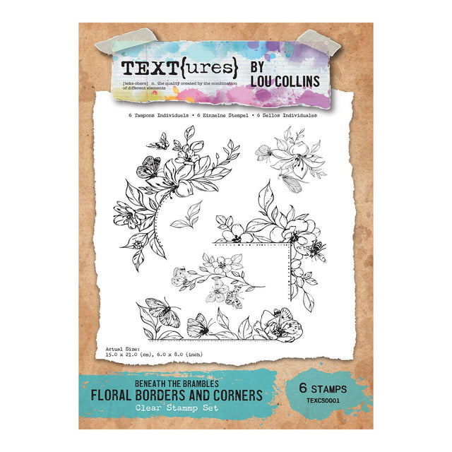 Packaging of 'Text{ures} by Lou Collins' clear stamp set with floral designs on a textured background.