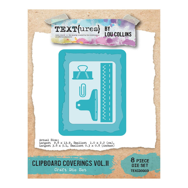 Craft die set packaging with 'Textures by Lou Collins' branding on a textured background