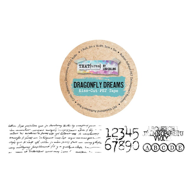Round packaging for 'Dragonfly Dreams' kiss-cut paper tape with text and numbers on a white background