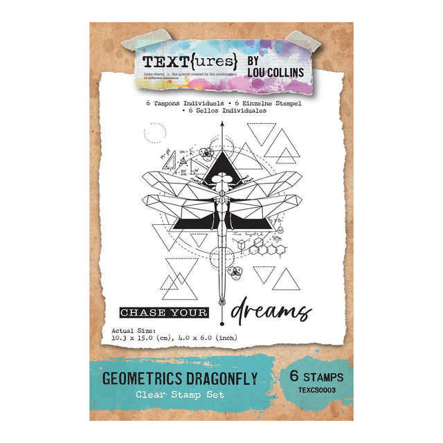 Geometric dragonfly stamp set by Lou Collins on a textured background