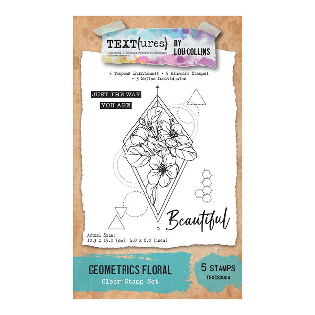 Geometrics Floral clear stamp set by Lou Collins on a textured background
