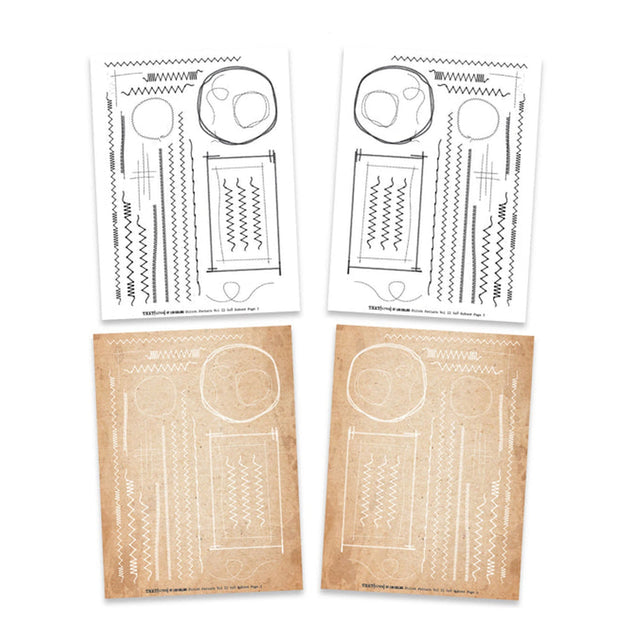 Two sets of templates for embossing on paper, one set on white paper and the other on brown paper.