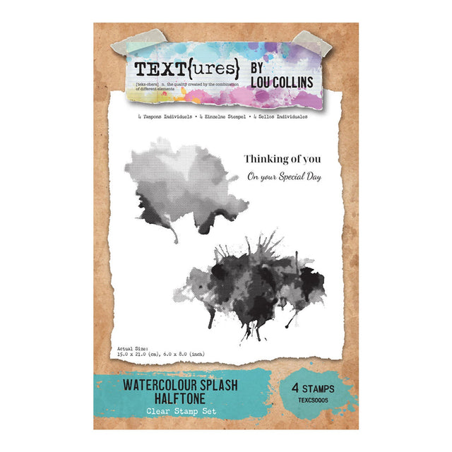 Packaging of 'Text{ures} by Lou Collins' stamp set with watercolor splash design.