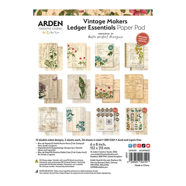 Arden Creative Studio Ledger Essentials Paper Pad with various designs on a white background