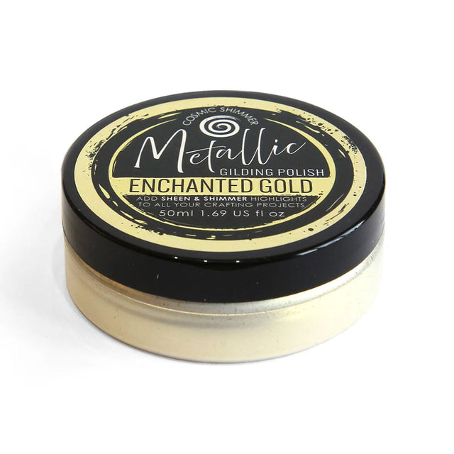 A 50ml round plastic jar of Metallic Gilding Polish in the shade Enchanted Gold, featuring a black lid with a gold and white label, set against a plain white background.