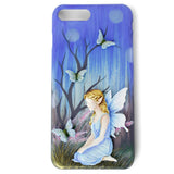 Phone case with fairy and butterfly design on a blue background