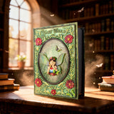 Decorative book titled 'Fairy Tales' with a fairy illustration on a wooden surface in a library setting.