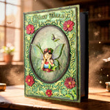 Decorative book titled 'Fairy Tales' with a fairy illustration on a wooden surface.