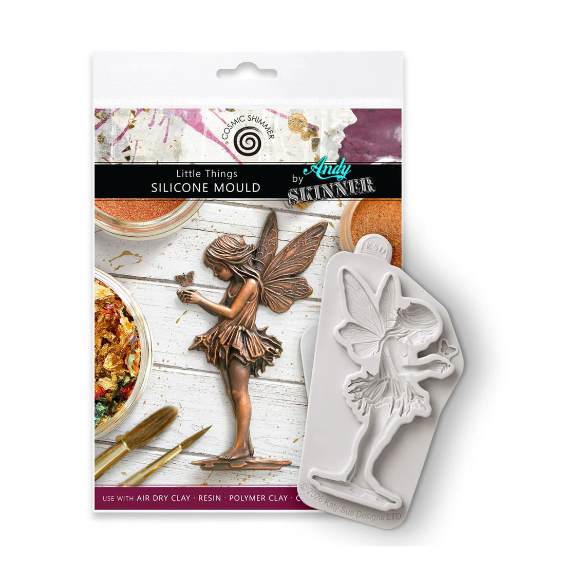 Silicone mould of a fairy with packaging featuring an image of the mould in use.