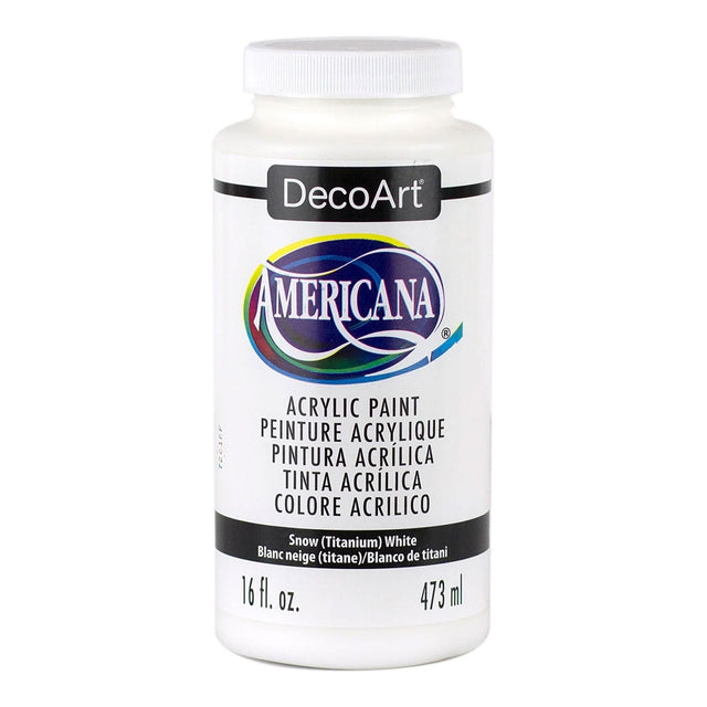 A white bottle of DecoArt Americana acrylic paint in the color 'Snow (Titanium) White' on a clean white background.