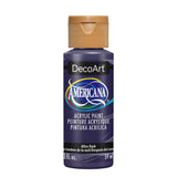 A bottle of DecoArt Americana acrylic paint in the color 'After Dark', featuring a dark purple label and a tan ribbed cap, set against a plain white background.