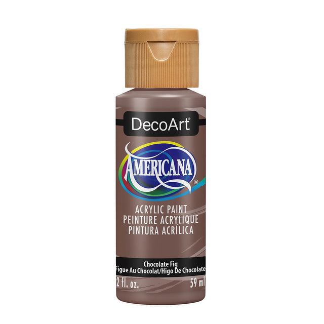 A bottle of DecoArt Americana acrylic paint in the shade Chocolate Fig, featuring a brown label and a gold cap on a white background.