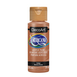 A bottle of DecoArt Americana acrylic paint in the color Ember, featuring a warm brown cap and a matching brown label with black and blue branding.