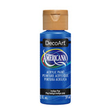 A bottle of DecoArt Americana acrylic paint in the color 'Indigo Pop', featuring a vibrant blue bottle, a tan ribbed cap, and a black label with the DecoArt logo.