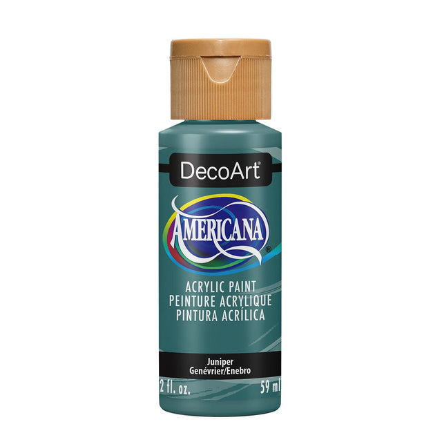 A bottle of DecoArt Americana acrylic paint in Juniper, featuring a teal-green color and a tan cap, on a solid white background.