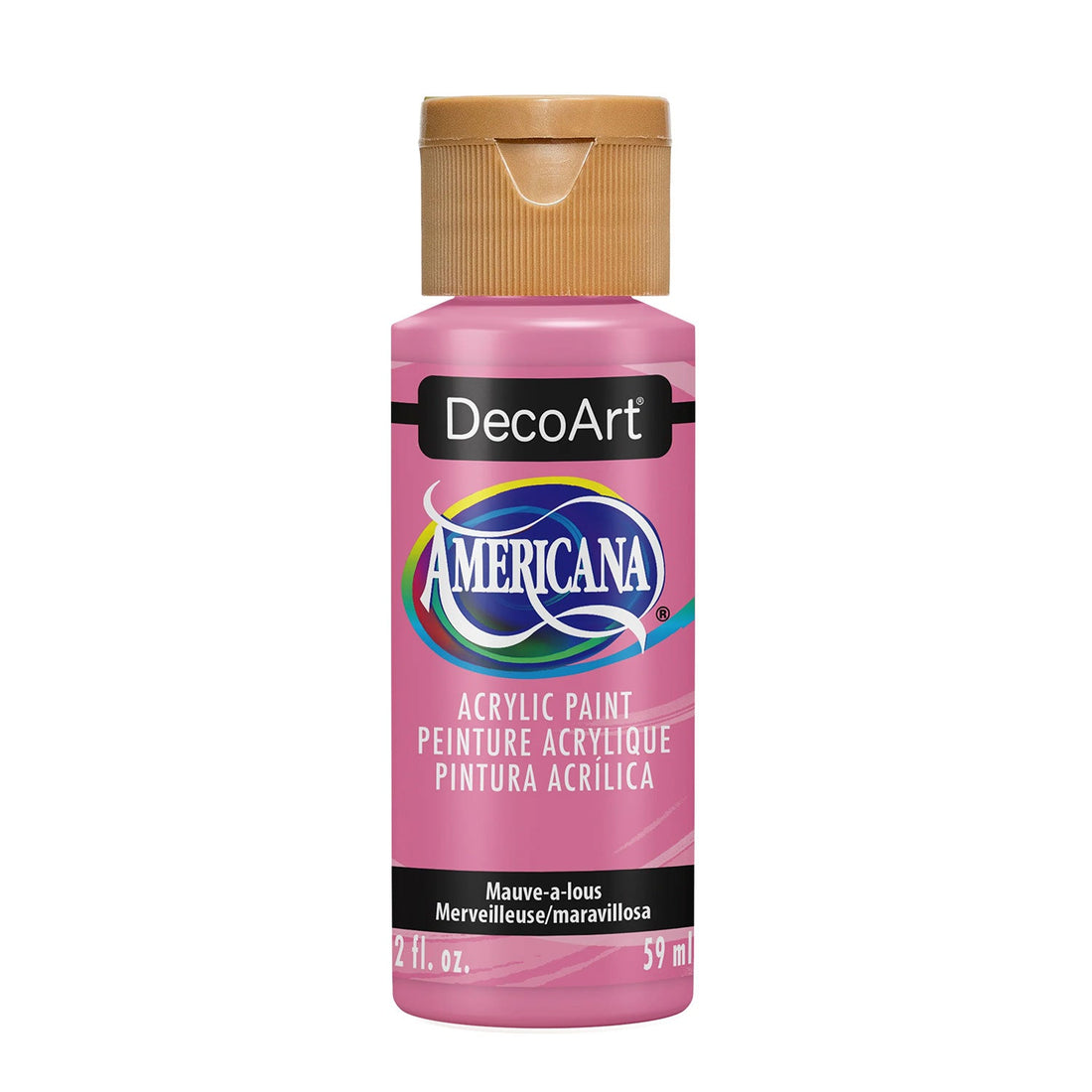 A bottle of DecoArt Americana acrylic paint in the shade Maure-a-lois (Mertwehle marigolosa), featuring a pink body and a metallic gold cap, set against a plain white background.