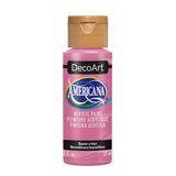 A bottle of DecoArt Americana acrylic paint in the shade Maure-a-lois (Mertwehle marigolosa), featuring a pink body and a metallic gold cap, set against a plain white background.