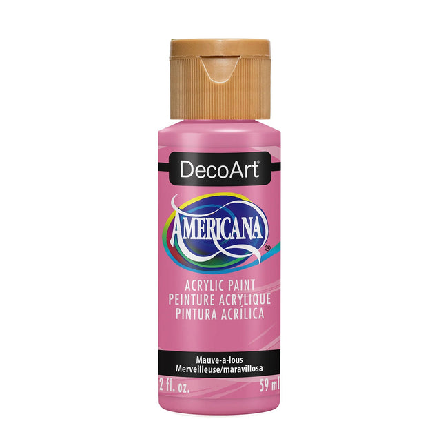 A bottle of DecoArt Americana acrylic paint in the shade Maure-a-lois (Mertwehle marigolosa), featuring a pink body and a metallic gold cap, set against a plain white background.