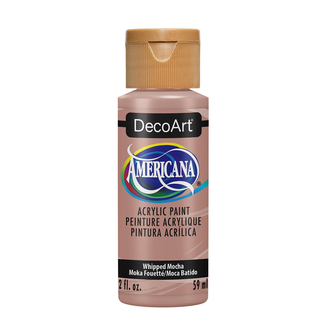 A bottle of DecoArt Americana acrylic paint in the color Whipped Mocha, featuring a metallic pinkish-beige paint inside and a gold cap, shown on a plain white background.