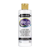 A bottle of DecoArt Americana acrylic paint in the color Snow (Titanium White), featuring a gold cap and a white label with purple and multicolor accents, set against a plain white background.