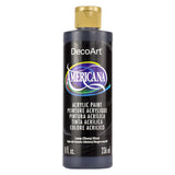 A bottle of DecoArt Americana acrylic paint in Ebony Black, featuring a black label with a gold cap and a colorful logo.