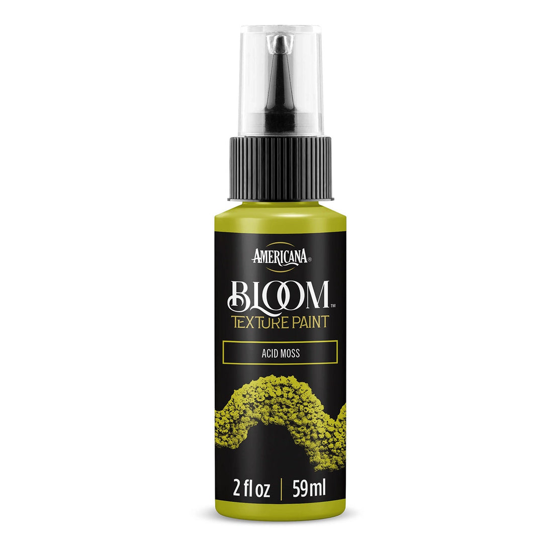 A bottle of Americana BLOOM Textured Paint in the shade Acid Moss, featuring a black label with a green moss texture graphic and a clear spray top.