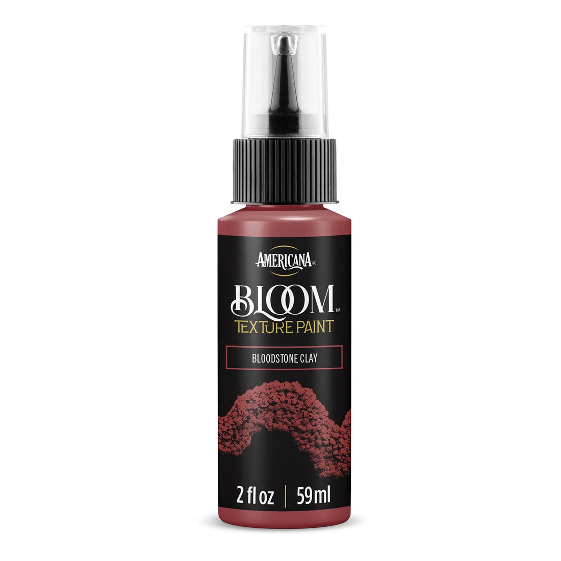 A bottle of Americana BLOOM Textured Paint in the color Bloodstone Clay, featuring a black label with red textured paint splatter graphics and a clear spray cap.