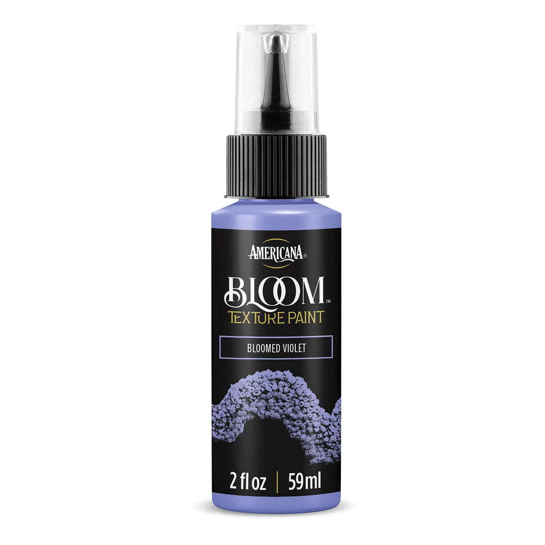 A bottle of Americana BLOOM Textured Paint in the shade 'Bloomed Violet'. The 2 fl oz spray bottle has a black label with purple paint texture graphics and a clear spray cap, shown on a white background with a soft shadow.