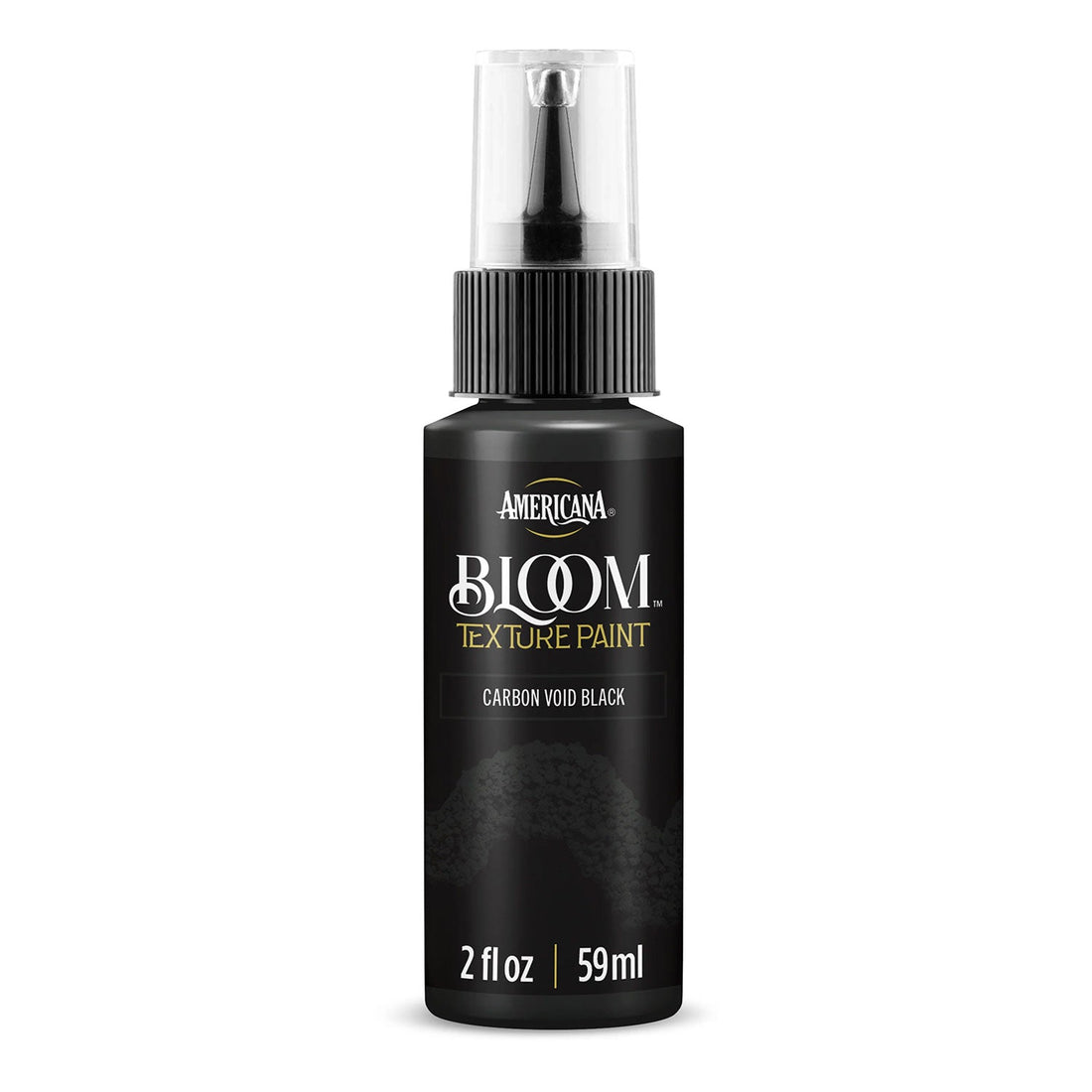 A bottle of Americana BLOOM Texture Paint in the color Carbon Void Black, featuring a black body, clear spray cap, and gold and white lettering on a white background.