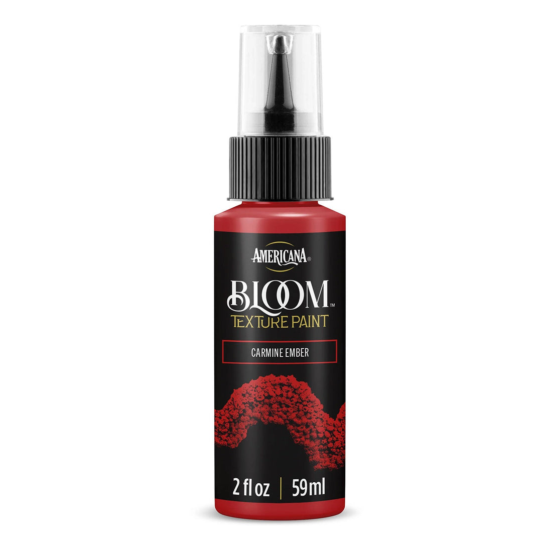 A bottle of Americana BLOOM Textured Paint in the shade Carmine Ember, featuring a black label with red paint splatter graphics and a clear spray cap, set against a plain white background.