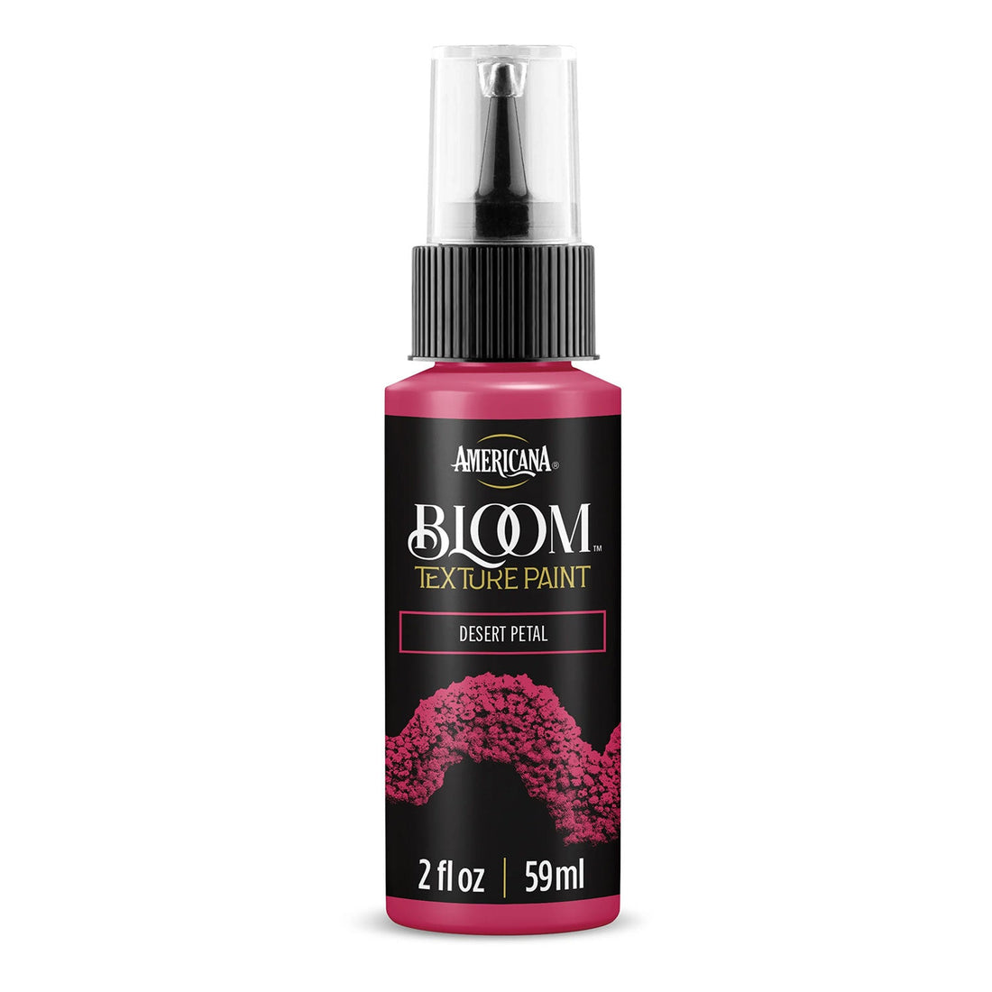 A bottle of Americana BLOOM Textured Paint in the shade Desert Petal, featuring a black label with pink and gold text and a textured pink paint design, on a white background.